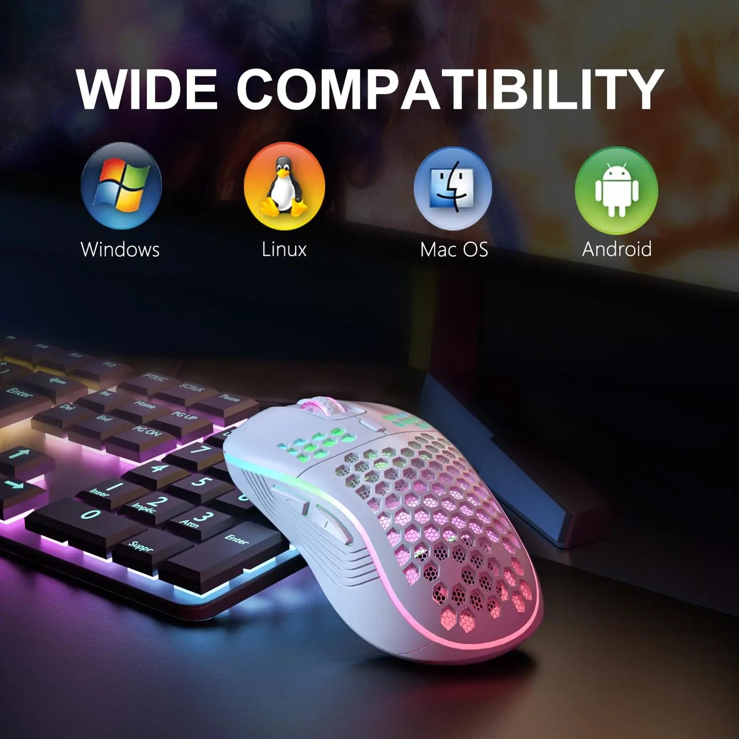 Acend RGB Wireless Gaming Mouse, rechargeable 2.4GHz honeycomb gaming mouse.