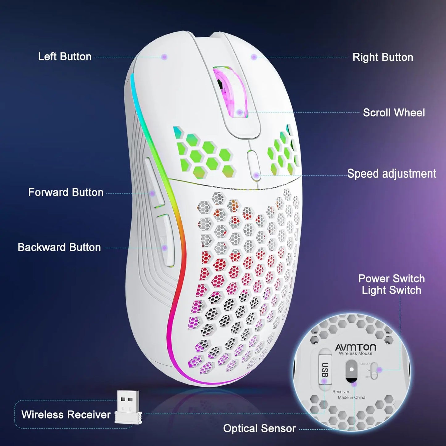Acend RGB Wireless Gaming Mouse, Rechargeable 2.4GHz Honeycomb gaming mouse